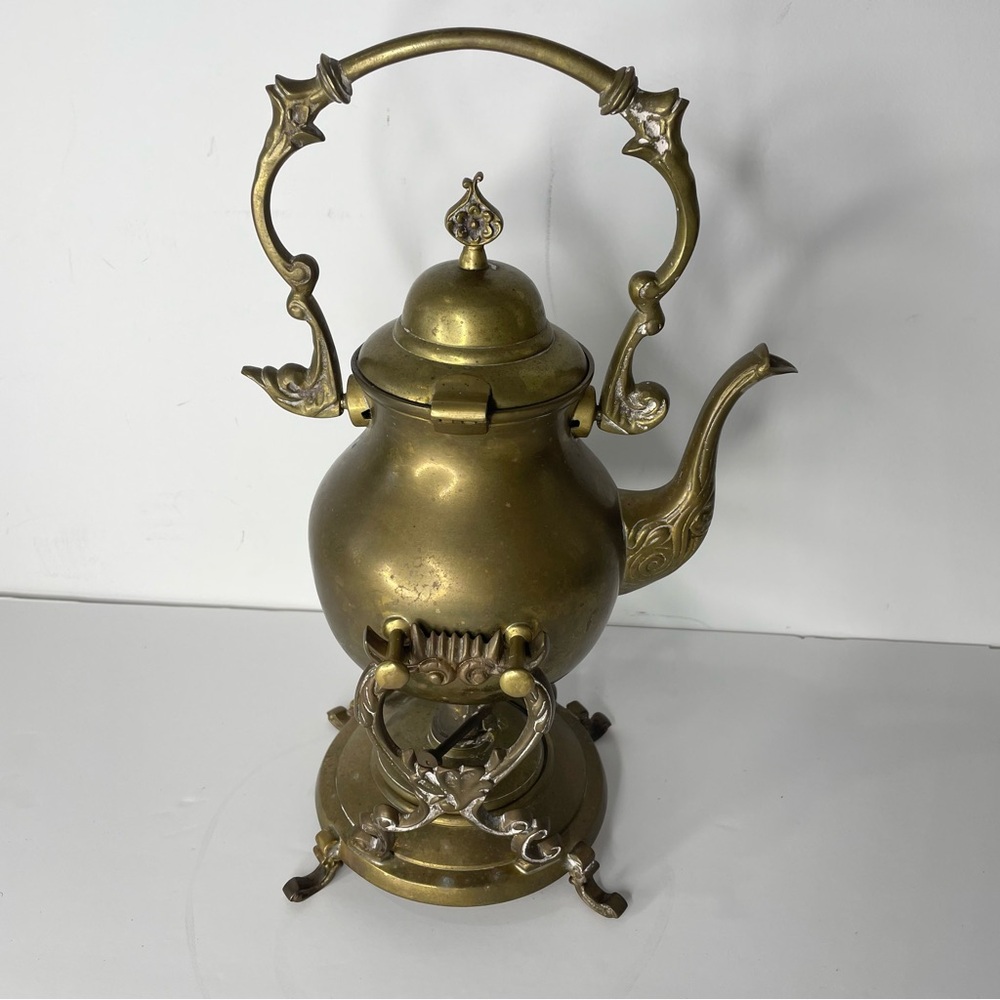Vintage Brass Tipping Teapot with Stand & Burner India Tea Set Warmer 13” Tall - Picture 3 of 12